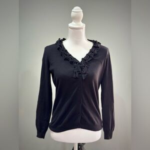 SALE! Black Talbots Ruffle Edge Cardigan Sweater Size SP EUC